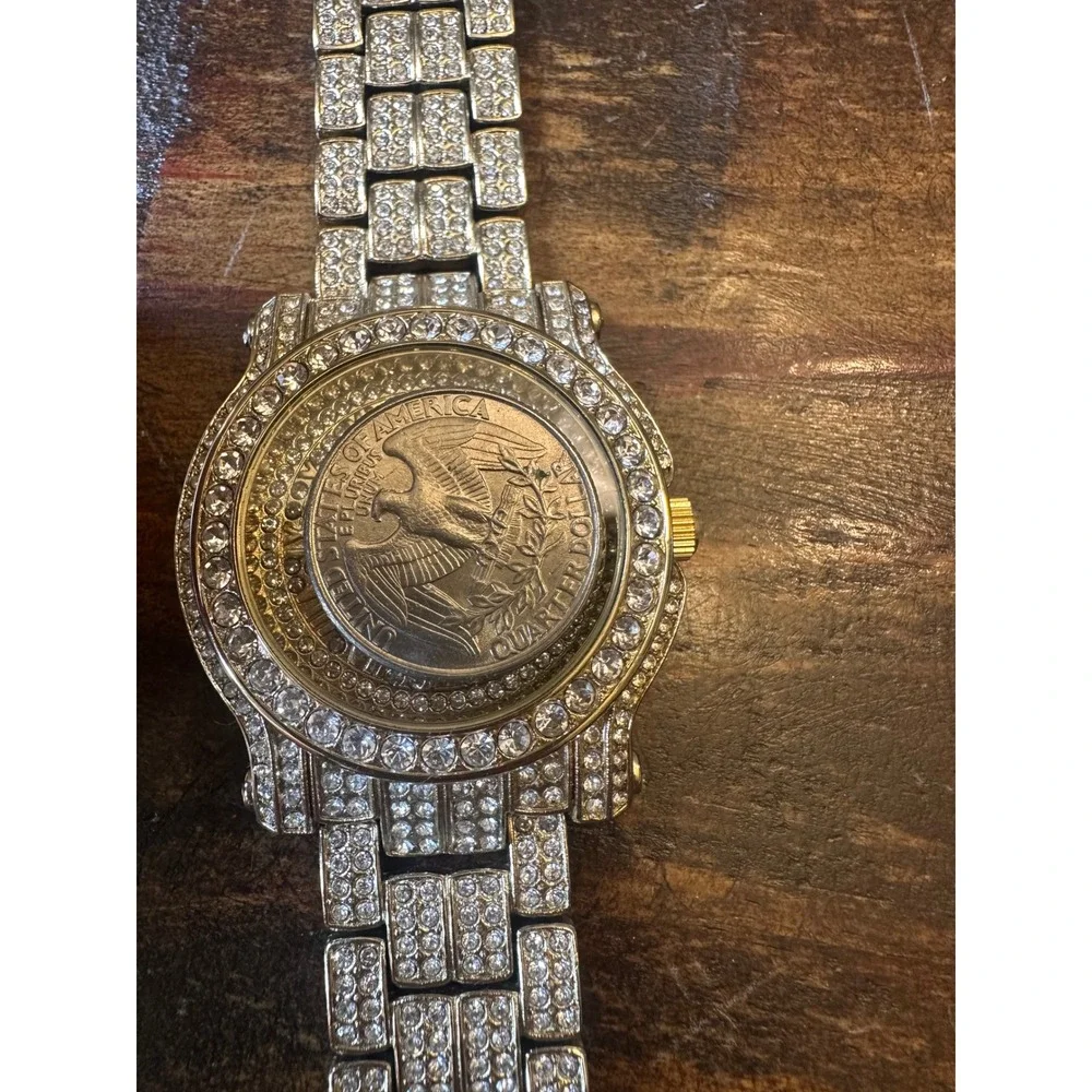Techno Pave 7341 Iced Out Coin Dial Eagle Quartz Watch Mens Bling Gold Tone‎